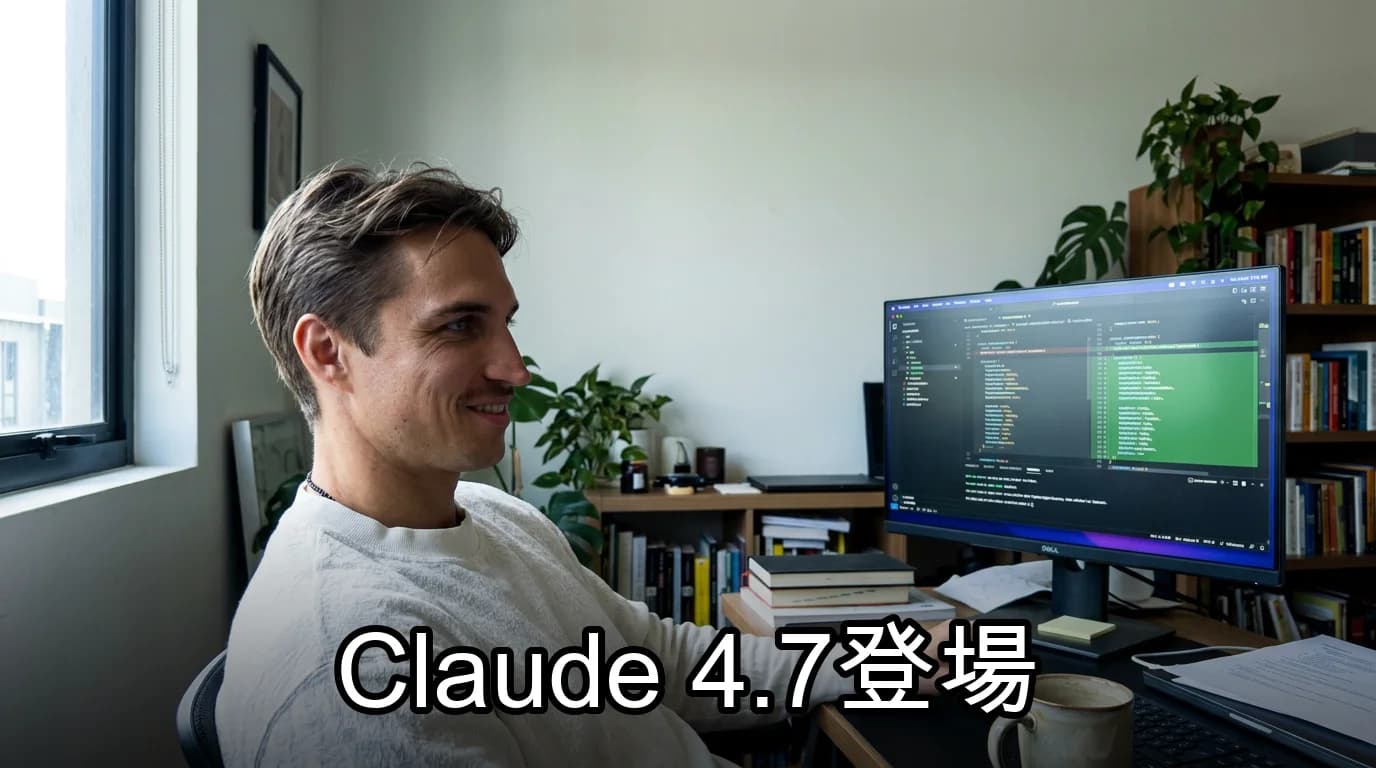 Claude Opus 4.7リリースの瞬間。コードエディタとAIエージェントが並走する作業風景。