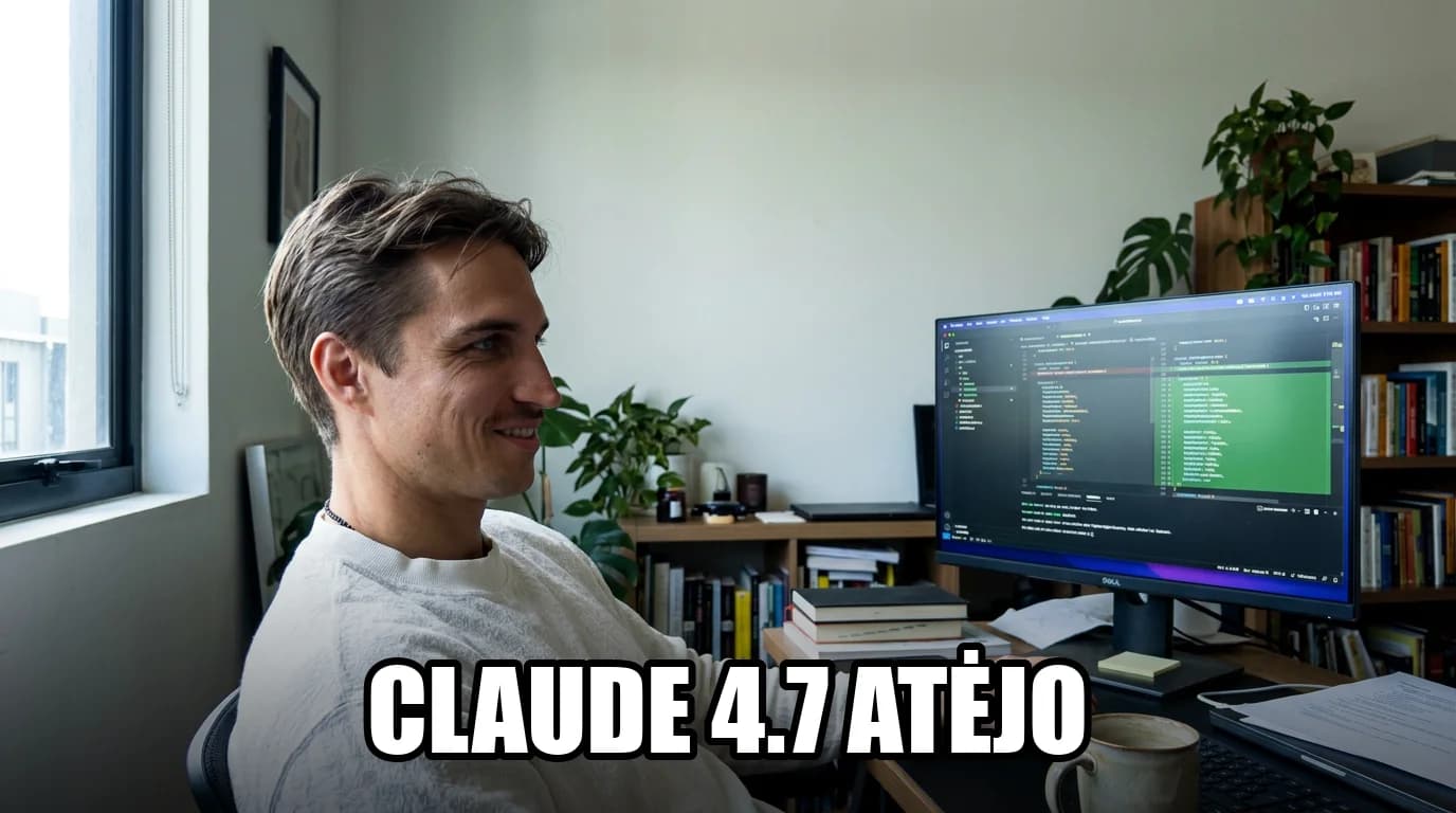 Claude Opus 4.7 modelio paleidimo akimirka - kodo redaktorius su AI agentu darbe.