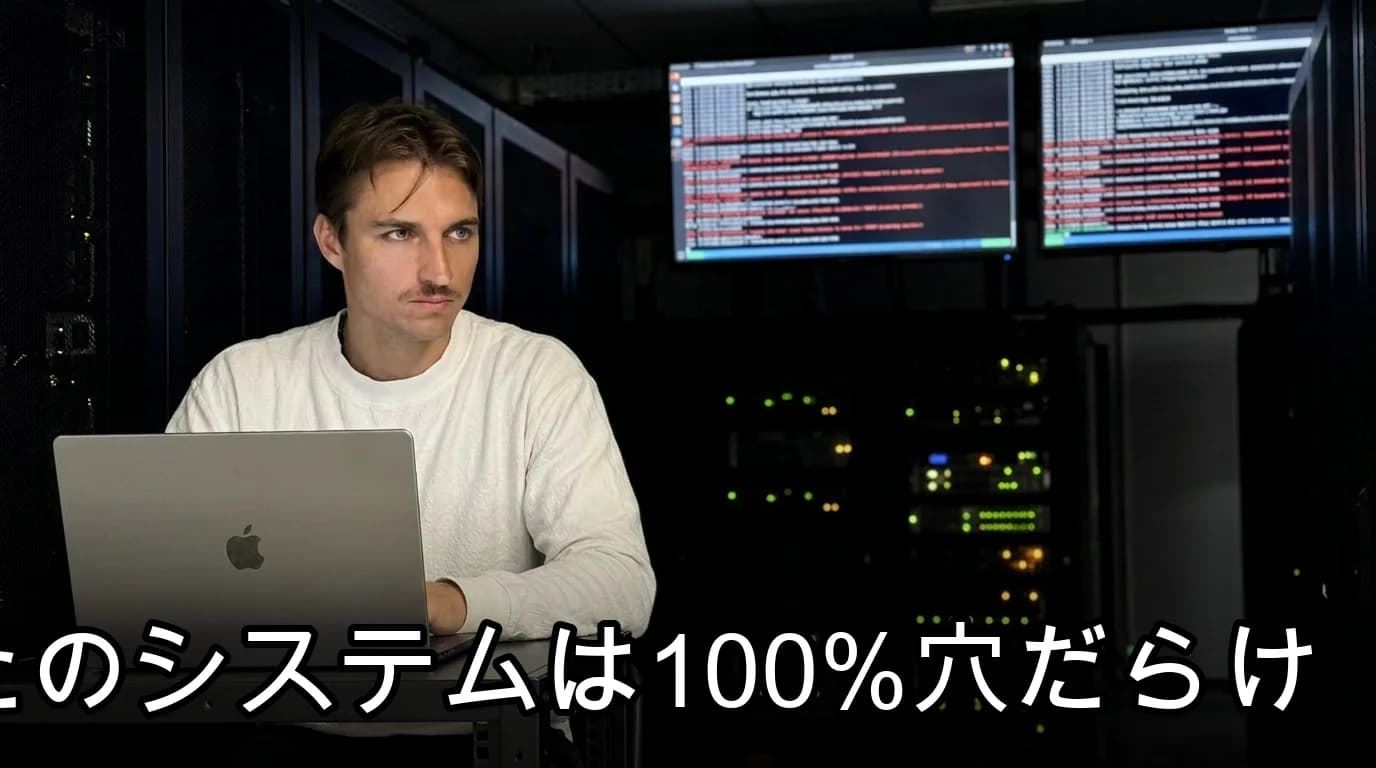 暗いサーバールームで赤いエラー画面を背景にMacBookに向かうMarius