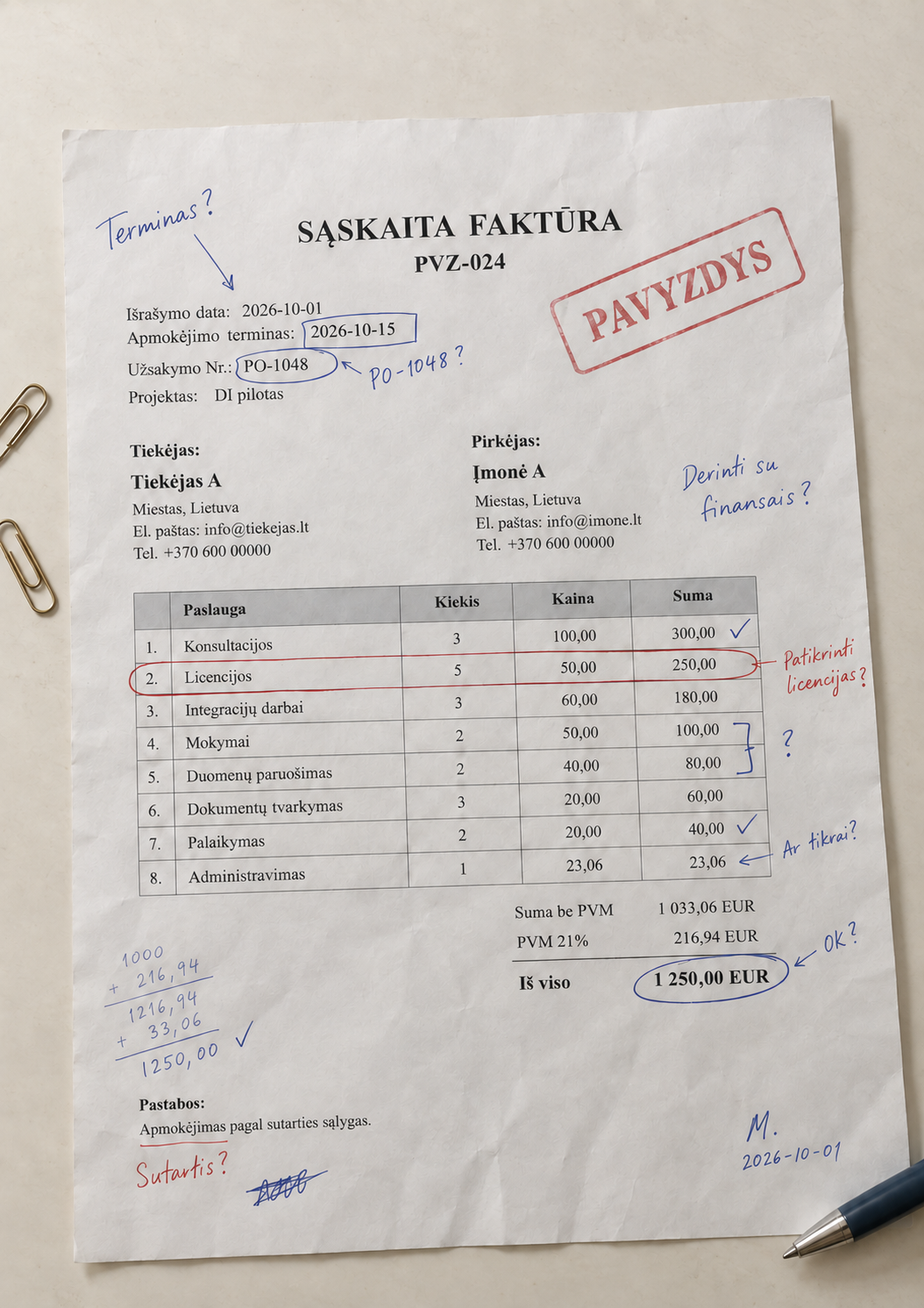 Pavyzdinė sąskaita PVZ-024 su ranka rašytomis pastabomis